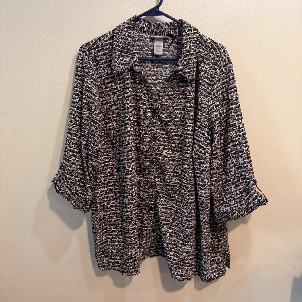 Catherines Womens 2XWP Black White Abstract Button Down 3/4 Sleeve Blouse Top